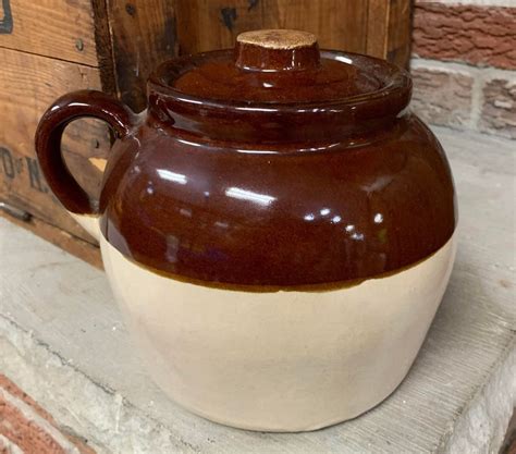 Antique Stoneware Bean Pot - Rustic Farmhouse Kitchen Decor - Vintage ...