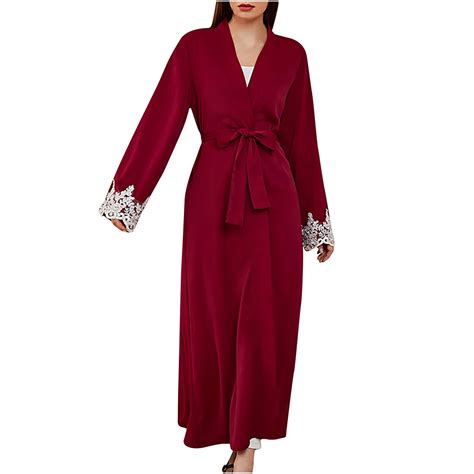 Women's Floor Length Robe Lace Trim Long Sleeve Belted Nightgown ...