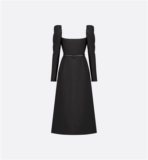 Mid-Length Belted Dress Black Wool and Silk Shantung | DIOR