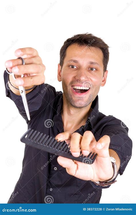 Male Hairdresser with Scissors and Comb Stock Photo - Image of hair ...