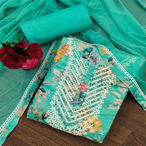 Turquoise Floral Printed With Sequins Embroidery Pure Cotton Dress Mat