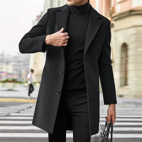 HAXMNOU Men Wool Coat Winter Trench Coats Long Sleeve Button Up Jacket ...