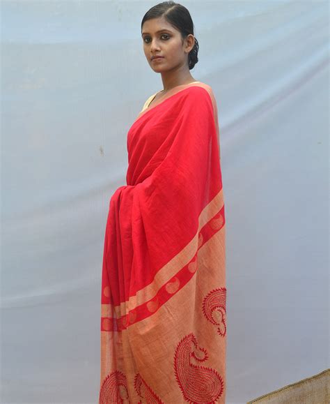 Handcrafted 100% cotton Rich Red Contemporary Kantha Saree – Manas