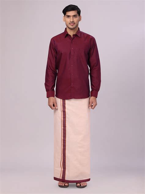Buy Men's Cotton Maroon Shirt & Tissue Dhoti Combo Online