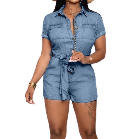 Wozhidaoke Womens Denim Romper, Jean Shorts Jumpsuit, Belted Playsuit ...