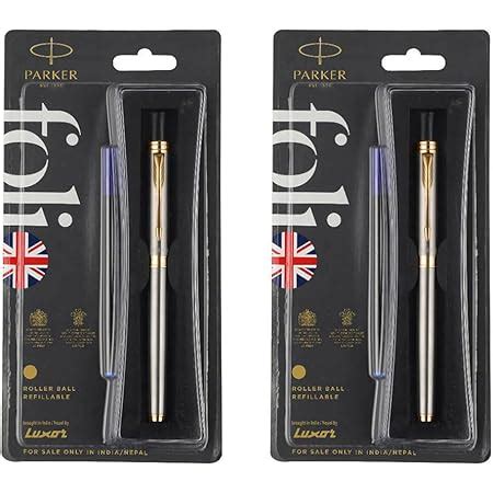 PARKER Folio Stainless Steel with Gold Trim Rollerball Pen Pack of 2 ...