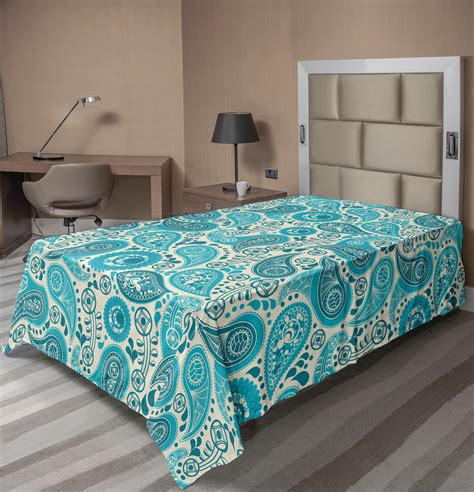 Ambesonne Antique Top Flat Sheet Paisley Blue Flowers Teal and Aqua ...