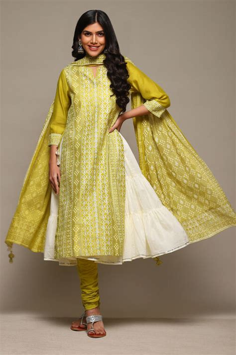 Lime Green Cotton Blend Layered Kurta Churidar Suit Set; Combines Kurta ...