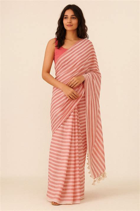 Rose Sorbet | Pink Striped Mul Cotton Saree – Glamwiz India