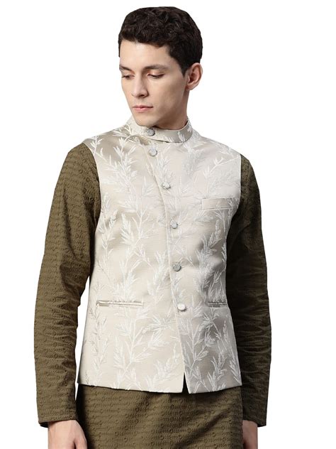 Buy MANQ Men Beige Woven Jaquard Silk Nehru Jacket at Amazon.in
