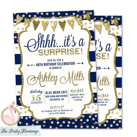 Navy and Gold Birthday Surprise Birthday Invitation Navy Blue and Gold ...