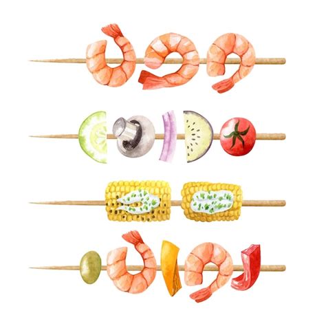 Schaschlik-Aquarell-Clipart-Set Vegetarische und Garnelenspieße Vektor ...