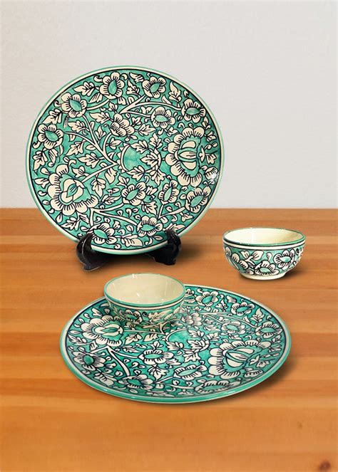 Get Sea Green Mughal Dinner Plates & Bowls - Set of 2 at ₹ 2296 | LBB Shop