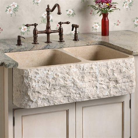 Polished Marble 60/40 Offset Double-Bowl Farmhouse Sink - Chiseled ...
