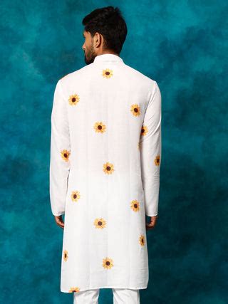 VASTRAMAY Men's White Cotton Blend Sunflower Print Kurta – vastramay