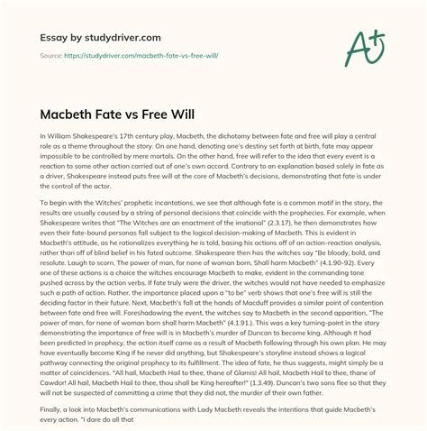 Macbeth Fate vs Free Will - Free Essay Example - 721 Words ...