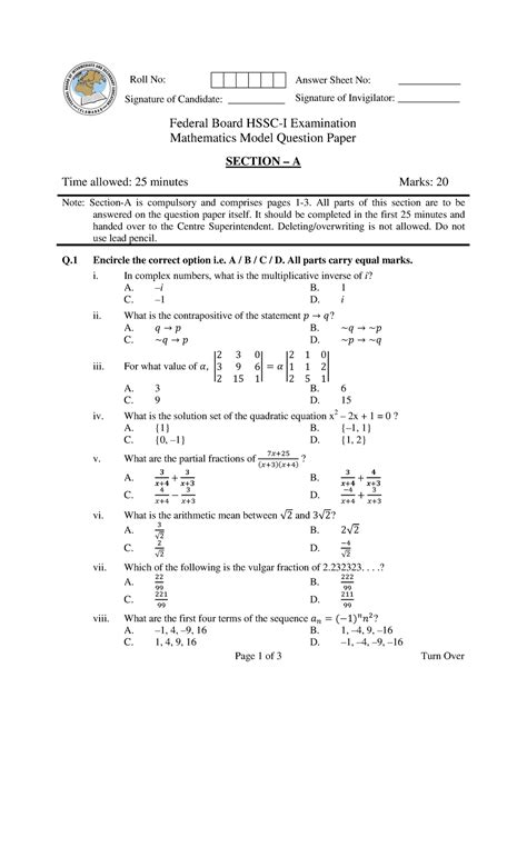 Mathematics - Math homework for you - Roll No: Signature of Candidate ...