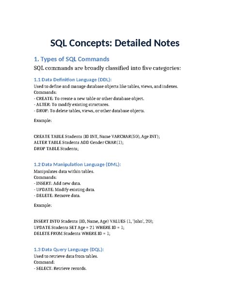SQL Concepts: Detailed Notes on SQL Commands and Procedures - Studocu