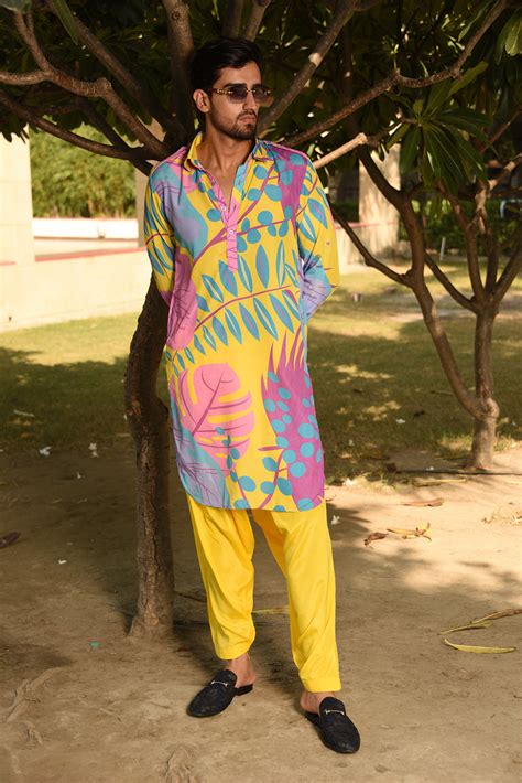 YELLOW PRINTED PATHANI KURTA SET – Laalzari