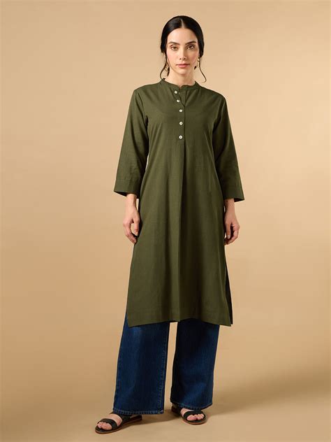 Classic Linen Army Green Straight Long Kurta – Cottonsdaily