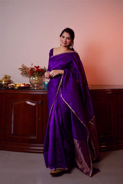Violet chanderi silk saree with zari bootis all over – Roots Handloom