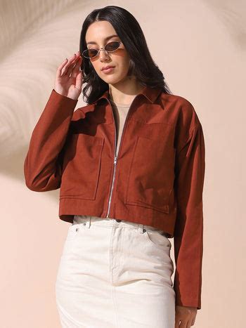 DL Woman Brown Solid Spread Collar Full Sleeves Cotton Shacket – DENNIS ...