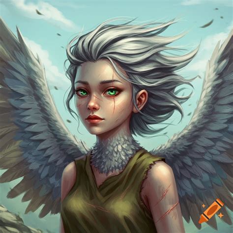 Bird-girl hybrid character with gray hair, green eyes, and scars on Craiyon