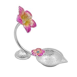 MAA SILVER Pure Silver Diya with Pink Colour Enamel & Hibiscus Flower ...