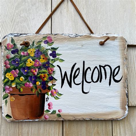 Hand-Painted Floral Slate Welcome Sign: Porch decor, slate door hanger