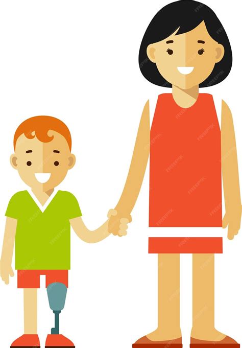 Jeune femme mère avec enfant handicapé garçon avec prothèse de jambe ...