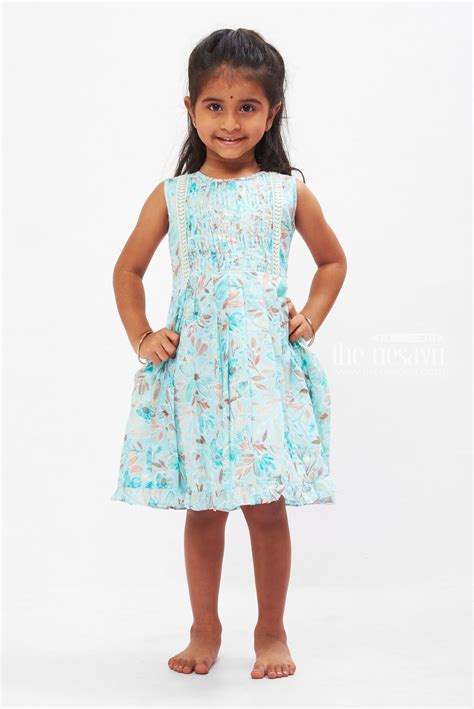 Girls Summer Cotton Dress Essentials | Aqua Lace Trim Floral Frock ...