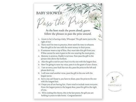 Pass the Parcel Rhyme Botanical Baby Shower Baby Shower Game Left and ...
