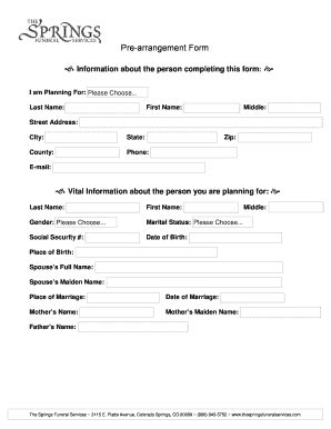 Fillable Online Preplanning Form - The Springs Funeral Services Fax ...