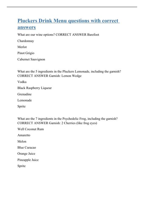 Pluckers Drink Menu questions with correct answers - Pluckers Drink ...