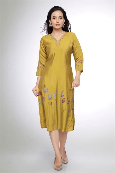 Mustard Yellow Mirror, Zari and Thread work with Floral Print Calf Len ...