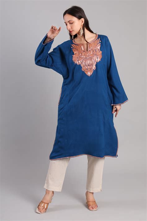 Azure Copper Tilla Embroidered Kashmiri Pheran | Elegant Wool Winter ...