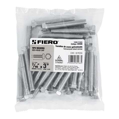 Bolsa con 30 tornillos 7/16 x 3 tipo máquina, FIERO - Truper - Grupo Ferre-Max