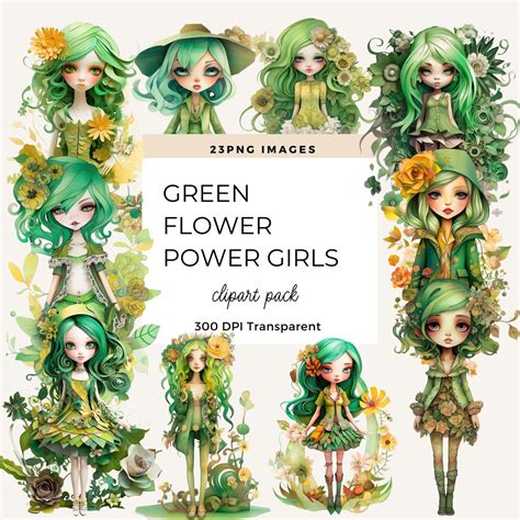 Green Flower Girls Clipart Flower Power Girl Clip Art Pack - Etsy