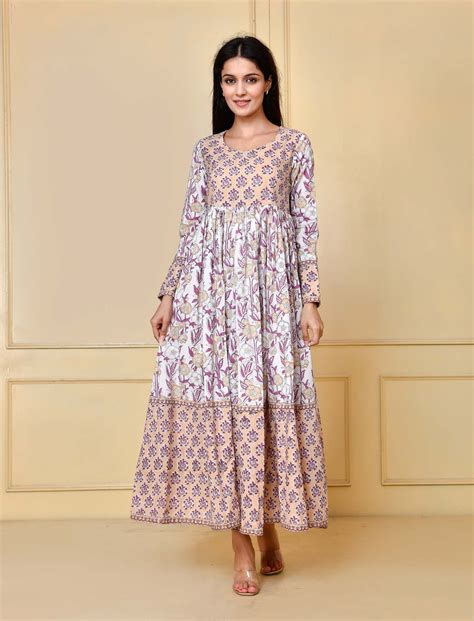 Beige Long Block Printed Cotton Long Dress – Gulabchand Prints