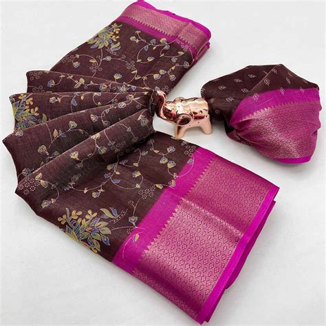 Deep Brown Floral Printed Cotton Blend Saree With Zari Woven Border