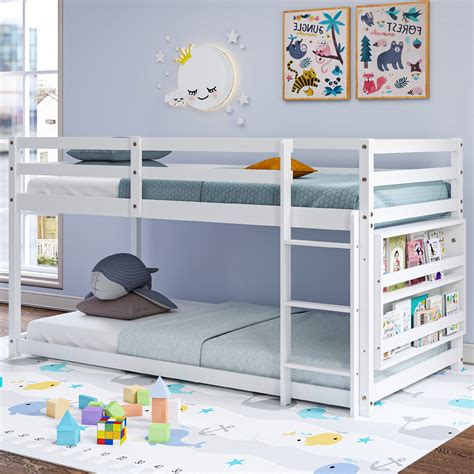 Aeloxis Low Bunk Bed Twin Over Twin, Floor Bunk Bed With Bookshelf ...