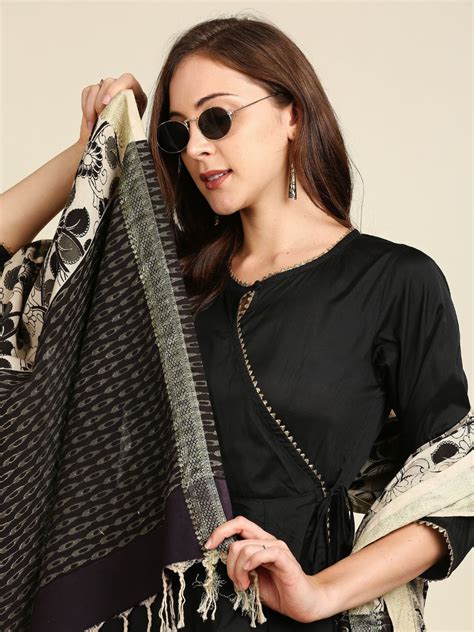 Kalamkari Mangalgiri Black & Beige Cotton Dupatta – Dupatta Bazaar