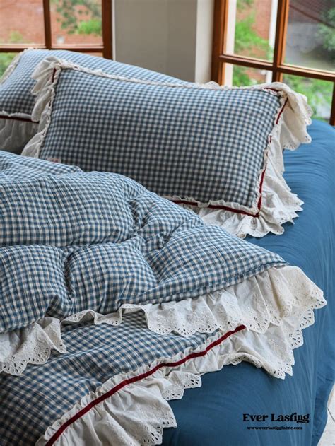 Gingham Floral Ruffle Bedding Set / Blue White | Ruffle bedding sets ...
