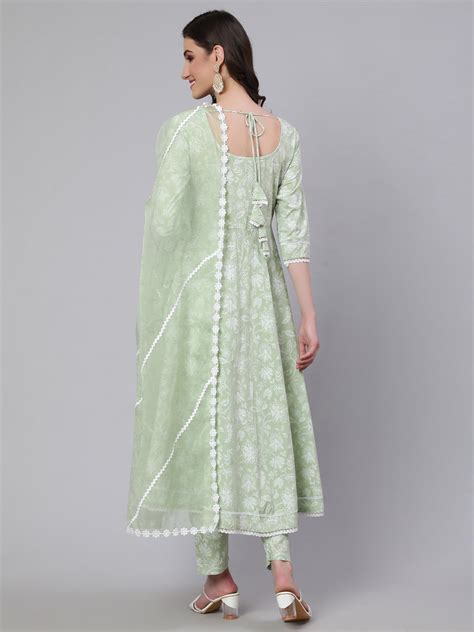 Women Green Floral Printed Anarkali Kurta With Trouser And Dupatta ...