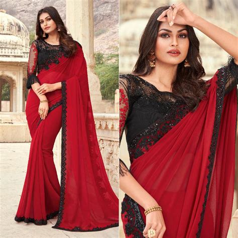 Red Floral Sequins Embroidered Georgette Saree