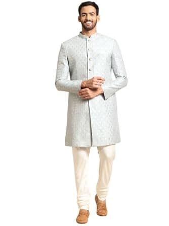 Buy KISAH Men's Indo-Western Sherwani Churidar Set, Grey Jacquard Woven ...