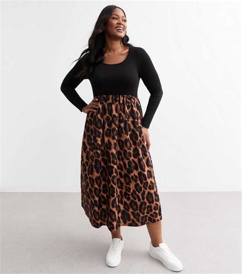 Curves Black Leopard Print Long Sleeve Mix Midi Dress | New Look