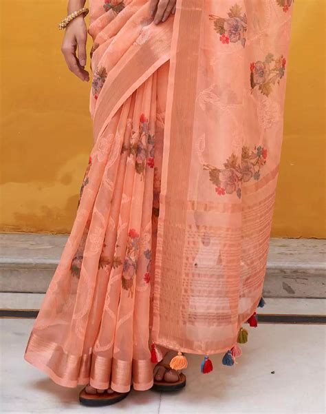 Peach Floral Organza Saree with Blue Contrast Blouse – South India ...