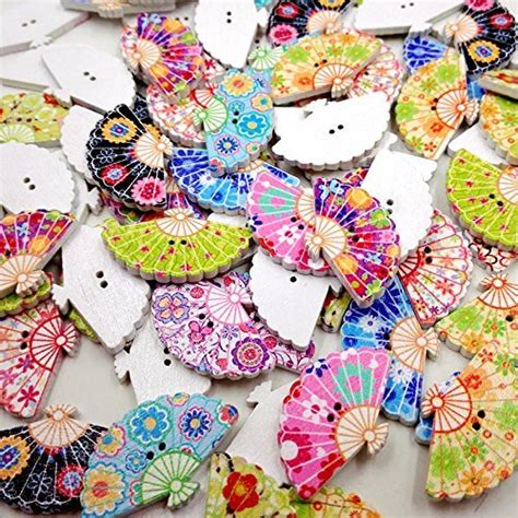 Electomania 100Pcs Mixed Color Printed Fan Shape Wooden Buttons with 2 ...