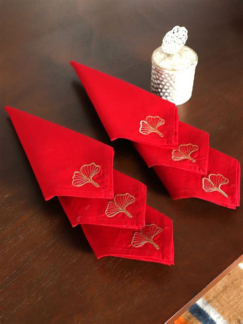Dinner Napkins Set of 6 Cotton, Leaf Embroidered - Red Gold - 16x16 in ...